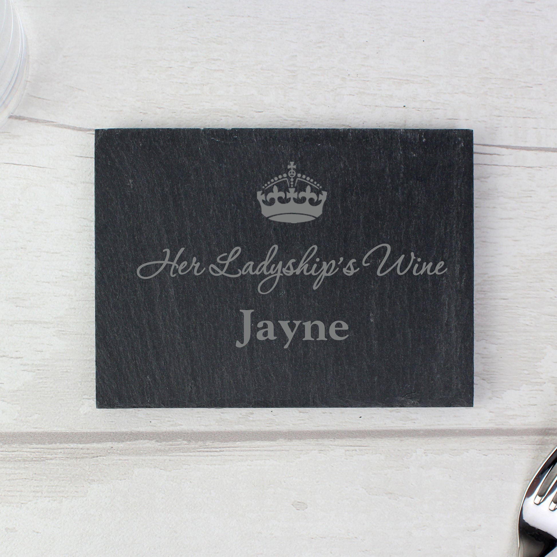 a grey slate coaster with the words her ladyships wine from Lilybet Loves
