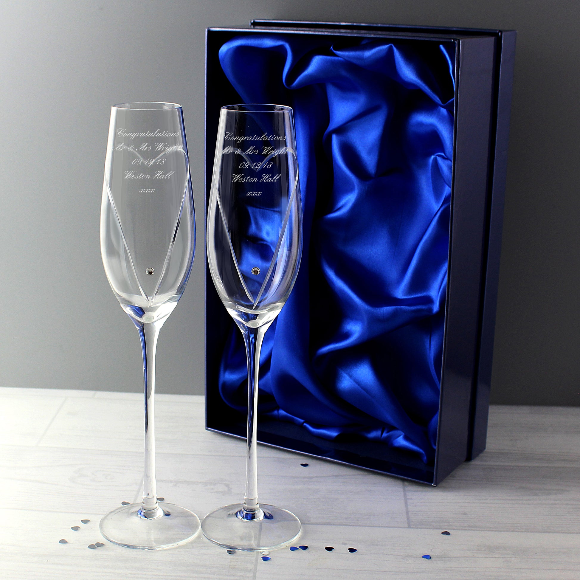 Swarovski elements hand cut heart pair of flutes, personalised - Lilybet loves