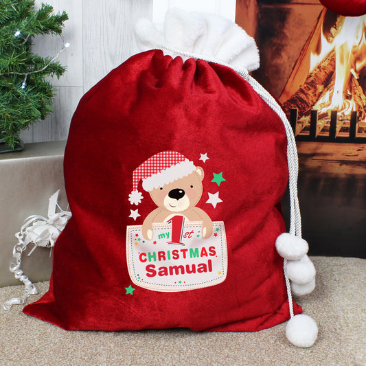 My 1st Christmas luxury pocket teddy pom pom red sack - Lilybet loves