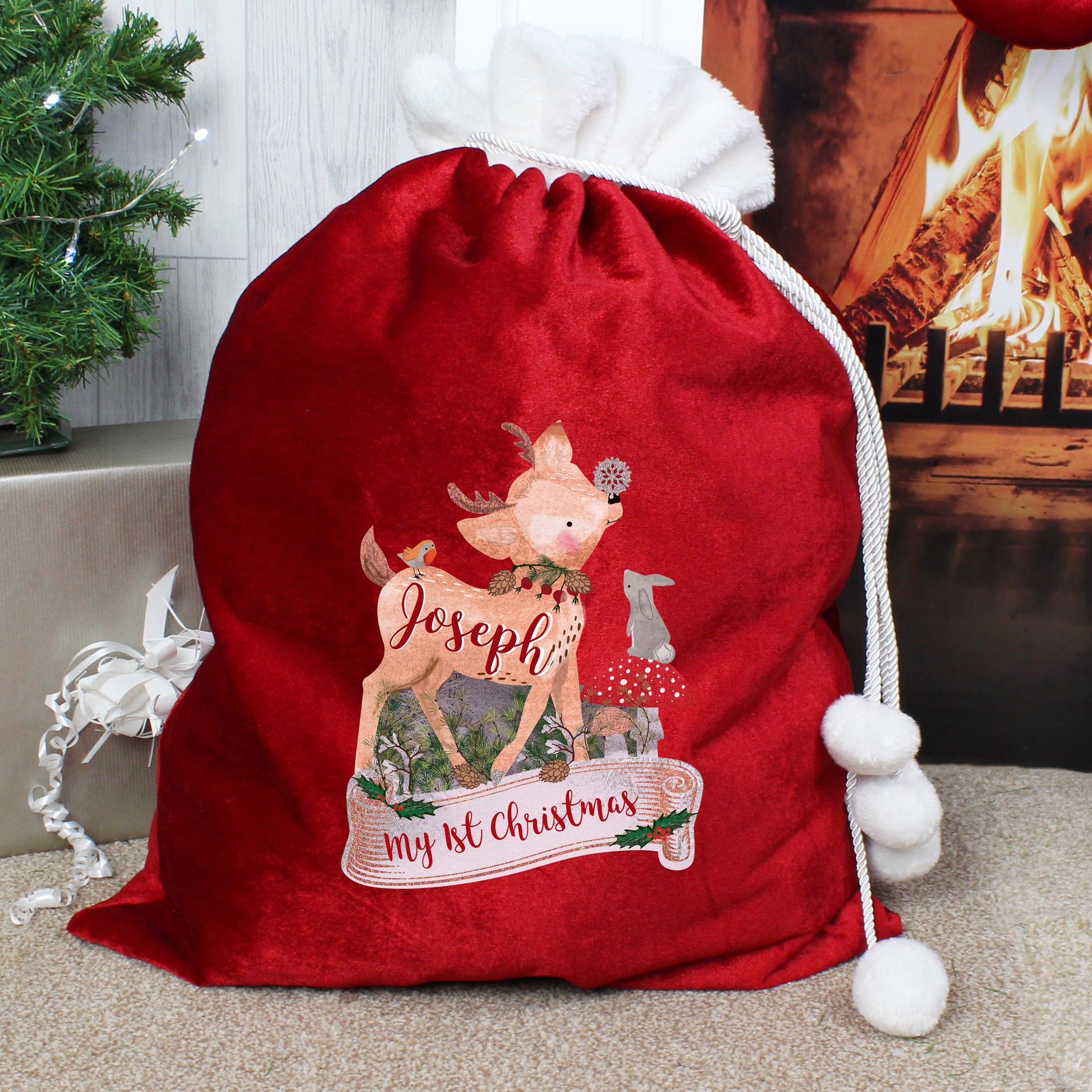 Retro fawn luxury red sack personalised - Lilybet loves