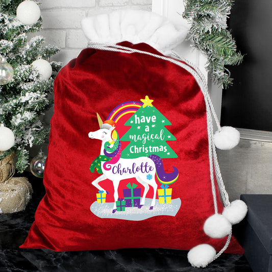 Christmas unicorn luxury pom pom red sack - Lilybet loves