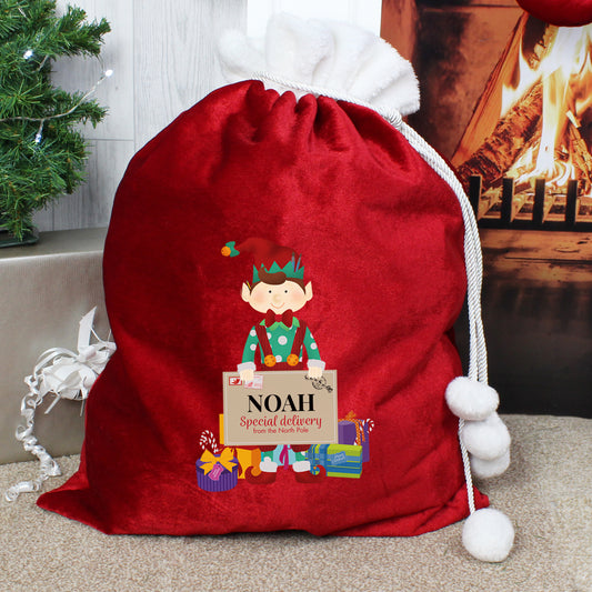 Personalised Christmas Elf Luxury Pom Pom Red Sack - Lilybet loves