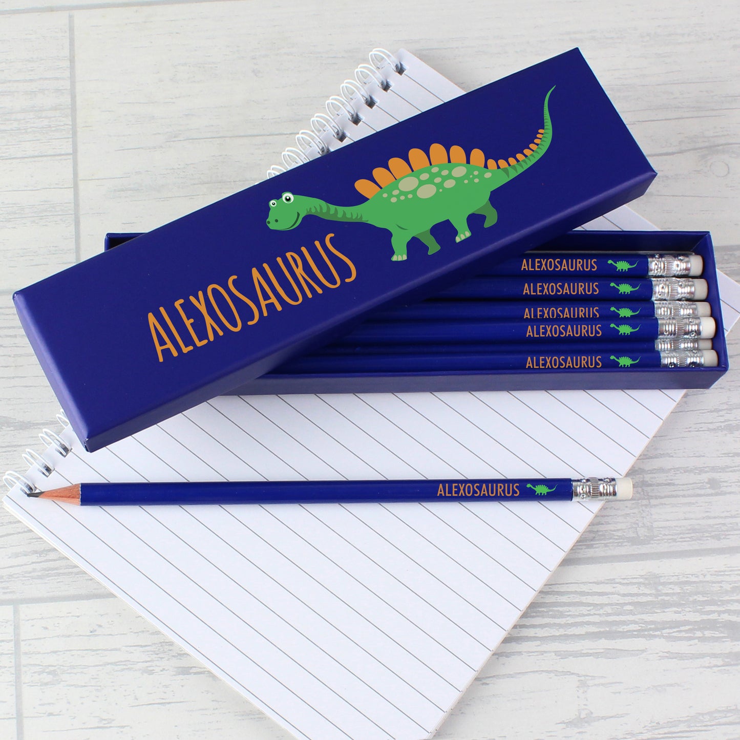 Box of 12 blue dinosaur HB pencils, personalised - Lilybet loves