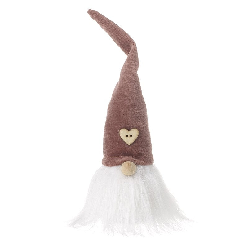 This sitting gonk  has a dark blush pink hat with a heart button detail along with a fluffy beard and pink nose!